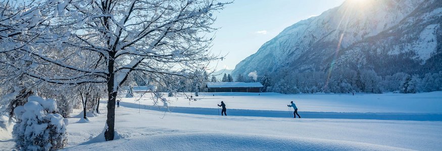 Osttirol © Martin Lugger Winterlandschaft mit verschneiten Bäumen und Langläufern bei Sonnenschein