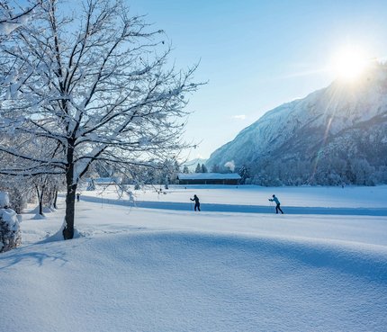 IBU Cup 2025 © Martin Lugger Winterlandschaft mit verschneiten Bäumen und Langläufern bei Sonnenschein