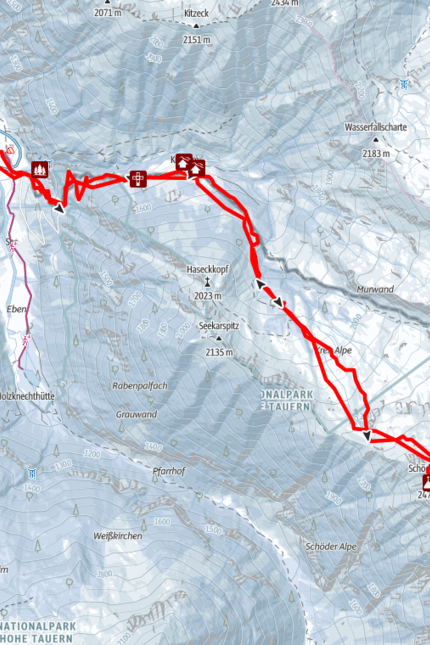 Schöderhorn (2,475 m) Hiking trail map in Hohe Tauern National Park showing elevation and landmarks