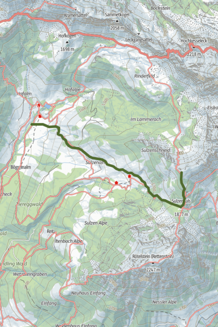 Sulzenschneid (1,970 m) Map showing hiking trail from Marzegg to Sulzern with elevation and terrain