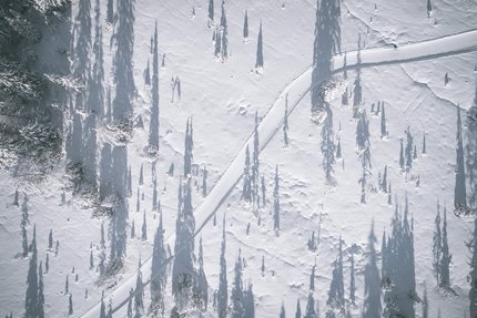 Cross-Country-Liebe Kronplatz © Manuel Kottersteger Luftbild einer verschneiten Landschaft mit langen Schatten von Bäumen