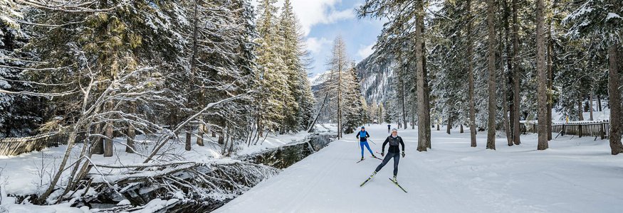 Dolomitenregion Kronplatz © Harald Wisthaler Langläufer auf verschneiter Spur im Wald neben Bach