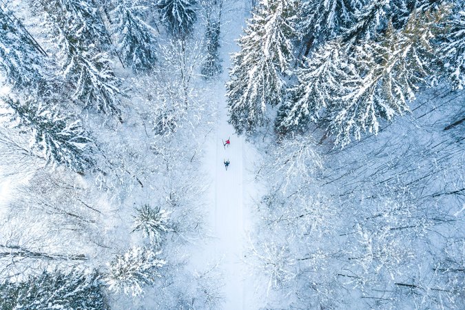 Langlauf Urlaub © Tourismusverband Kaiserwinkl Zwei Skifahrer fahren durch einen schneebedeckten Wald von oben gesehen
