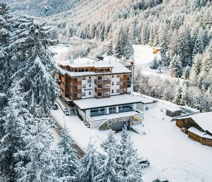Hotel Waldheim © Josef Plaickner Hotel in verschneiter Berglandschaft mit Tannenbäumen und Bergen im Hintergrund