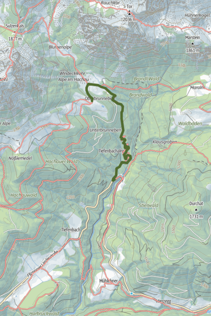 Bachlalm (1,489 m) Hiking map with marked trail in Hachauer Wald, Austria