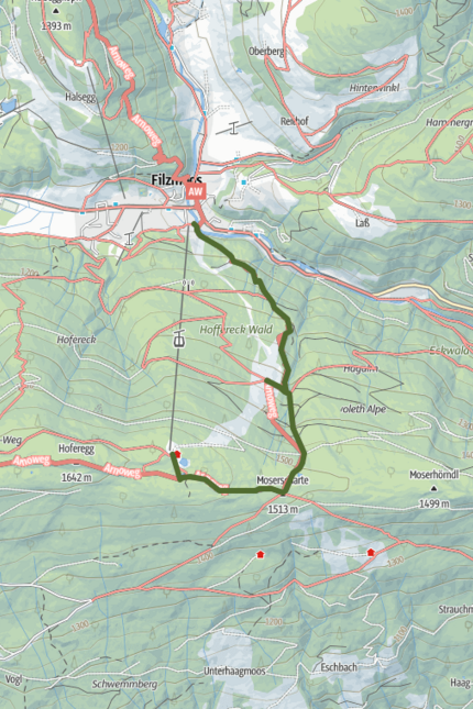 Rossbrand (1,585 m) Hiking map showing route from Filzmoos to Moserscharte in mountainous area