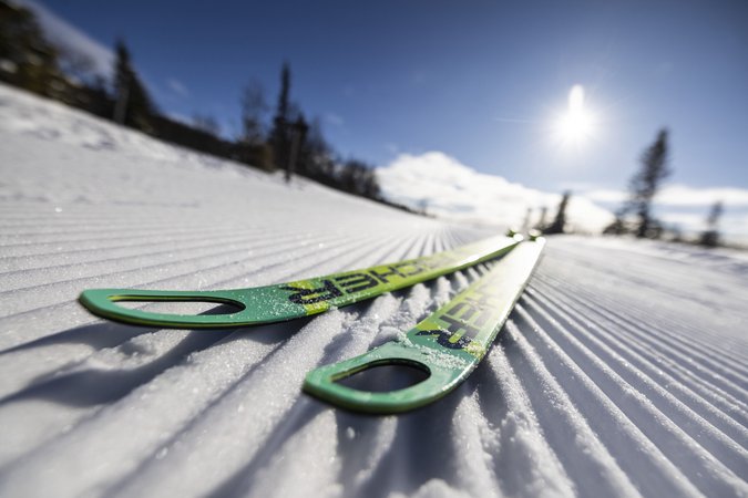 Langlauf Urlaub © Fischer Sports GmbH Grüne Skier liegen auf frisch präparierter Loipe im Sonnenschein