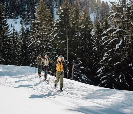 Geführte Skitour © Tourismusverein Passeiertal - Benjamin Pfitscher Drei Personen wandern mit Schneeschuhen auf verschneitem Bergpfad im Wald