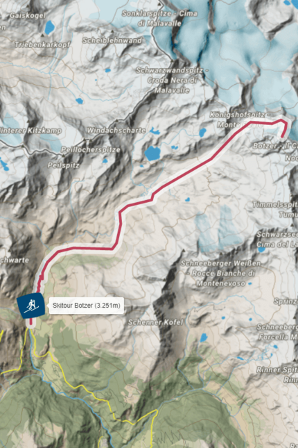 Botzer (3.251 m) © OpenStreetMap Karte und Skitour-Route zum Botzer Gipfel in den Alpen