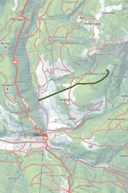 At the foot of the Rötelstein (1,567 m) Topographic map showing Filzmoos and contour lines in the Alps region