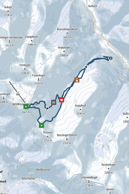 Gamskarkogel (2,467 m) Topographic map showing hiking routes and mountain peaks in the Alps