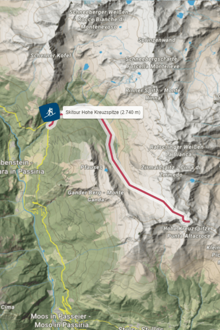 Hohe Kreuzspitze (2.740 m) © OpenStreetMap Karte mit Skitour zur Hohe Kreuzspitze (2.740 m) in den Alpen