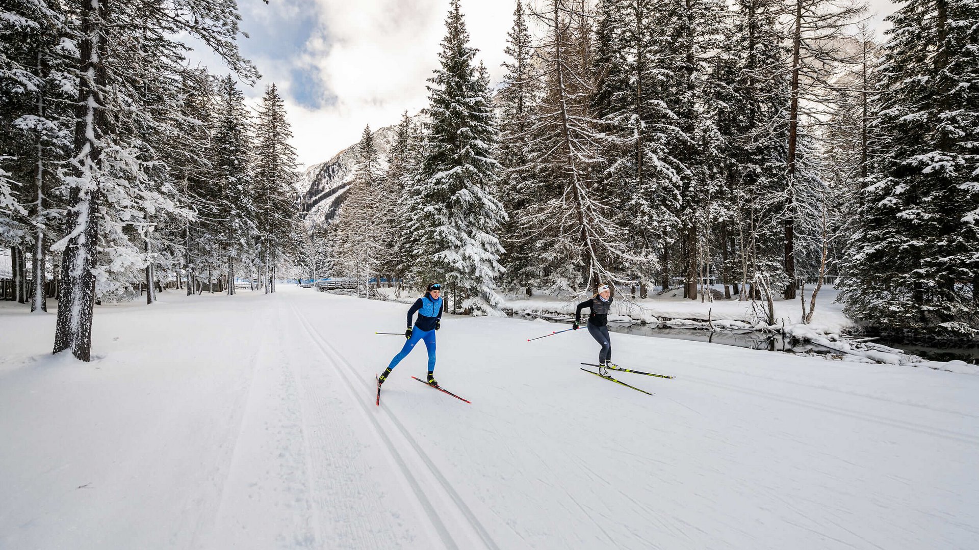 Langlauf Urlaub in der Dolomitenregion Kronplatz © Harald Wisthaler Zwei Langläufer auf verschneiter Strecke im Winterwald