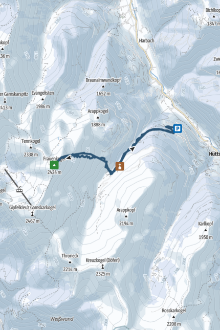 Frauenkogel (2,424 m) Hiking route from parking to Frauenkogel peak in mountainous area