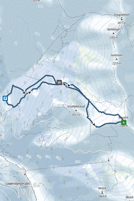 Kreuzeck (2,204 m) Hiking map showing route to Guxeck peak at 2204 m in the Alps