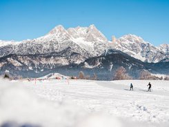 Saalfelden Leogang © Michael Geißler Two cross-country skiers on snowy field with snowy mountains under clear sky