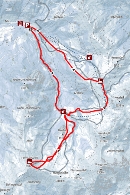 Filzmooshörndl (2,189 m) Hiking map showing marked circular trail and elevation in the Alps