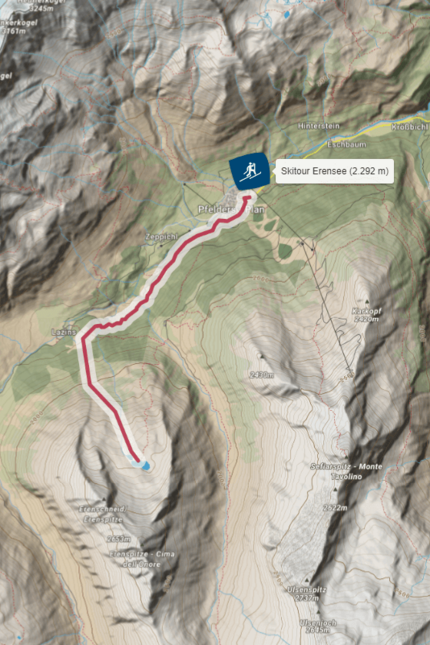 Erensee (2.292 m) © OpenStreetMap Topografische Karte der Skitour zum Erensee in den Alpen